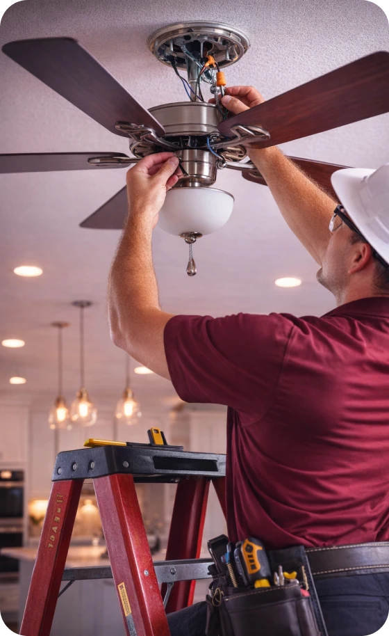 Electrician installing a ceiling fan.